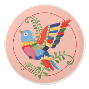Whimsical Bird Colourful Folk Rustic Nursery Pink Ceramic Knob