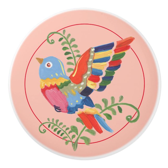 Whimsical Bird Colourful Folk Rustic Nursery Pink Ceramic Knob (Front)