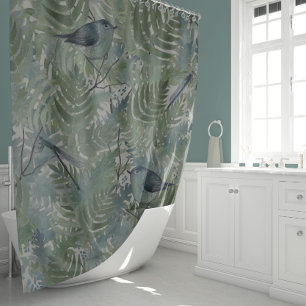 Whimsical Bird Dragonflies Blue Fern Plants Floral Shower Curtain
