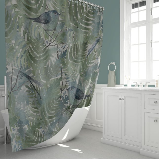 Whimsical Bird Dragonflies Botanical Shower Curtain (Whimsical Bird Dragonflies Blue Fern Plants Floral Shower Curtain from Studio Posies.)