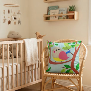 Whimsical Bird in Tree Textured Illustration Cushion