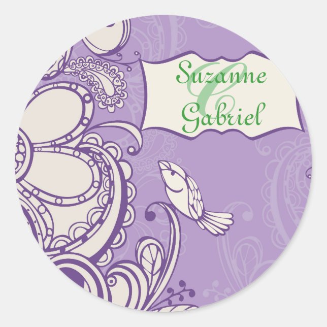 Whimsical Bird Monogram Classic Round Sticker (Front)