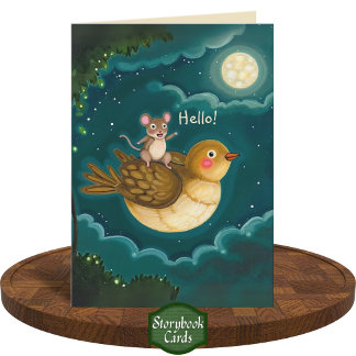 Whimsical Bird Mouse Night Sky Moon Friendship Card