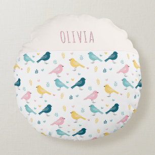 Whimsical Bird Pattern Personalised Pink & Teal Round Cushion