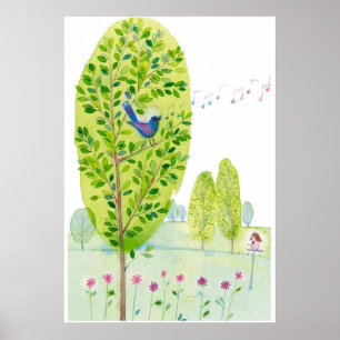 whimsical bird singing Watercolor Poster