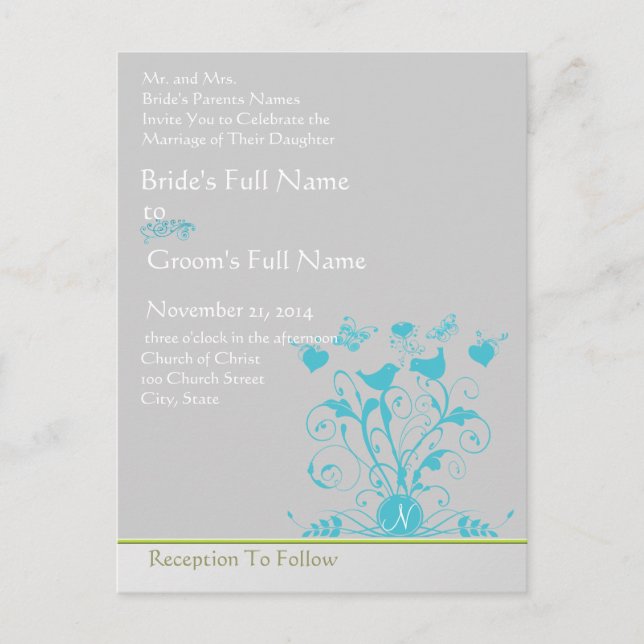 Whimsical Bird Swirl Wedding Invitation Postcard (Front)