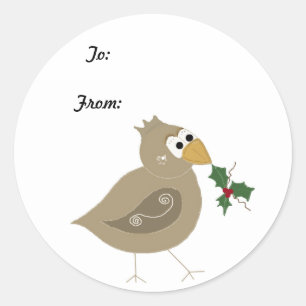 Whimsical Bird with a Sprig of Holly Classic Round Sticker