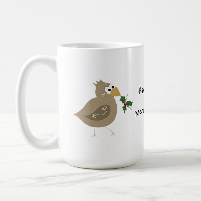 Whimsical Bird with a Sprig of Holly Coffee Mug (Left)