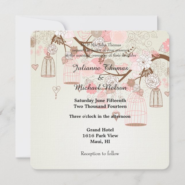 Whimsical Birds and Bird Cages Floral Wedding Invitation (Front)