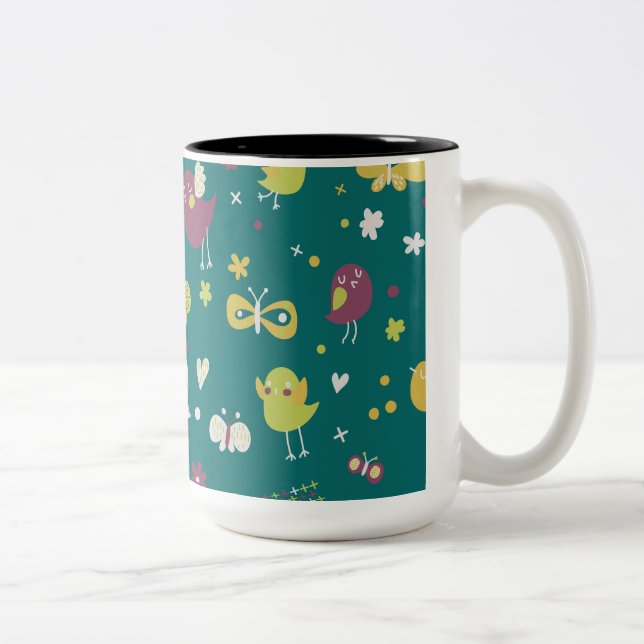 Whimsical Birds and Butterflies Two-Tone Coffee Mug (Right)