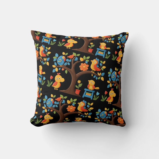 Whimsical Birds & Blossoms Throw Pillow.\ Cushion (Front)