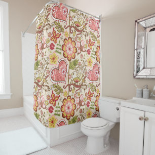 Whimsical Birds, Flowers, Hearts Shower Curtain