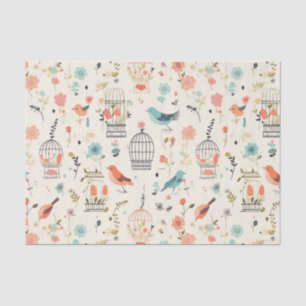 Whimsical Birds in Blue and Orange Vintage Tissue Paper