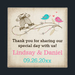 Whimsical Birds in Love Wedding Favour Magnet<br><div class="desc">This whimsical and romantic love birds wedding favour magnet has a pair of lovebirds on it in shades of pink and and turquoise blue with a couple of red hearts floating between them as they sit on a brown cherry blossom branch that has taupe and grey leaves and an ornate...</div>