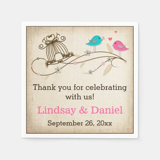 Whimsical Birds in Love Wedding Napkins (Front)