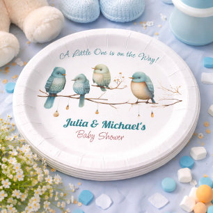 Whimsical Birds on Branches Pastel Baby Shower Paper Plate