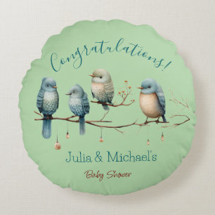 Whimsical Birds on Branches Pastel Baby Shower Round Cushion