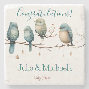 Whimsical Birds on Branches Pastel Baby Shower Stone Coaster