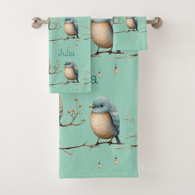 Whimsical Birds on Branches Timeless Elegance Bath Towel Set (Insitu)