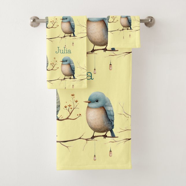 Whimsical Birds on Branches Timeless Elegance Bath Towel Set (Insitu)