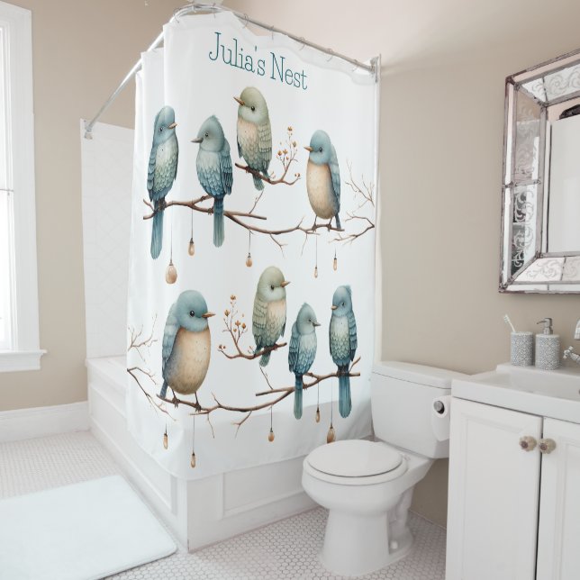 Whimsical Birds on Branches Timeless Elegance Shower Curtain (In Situ)
