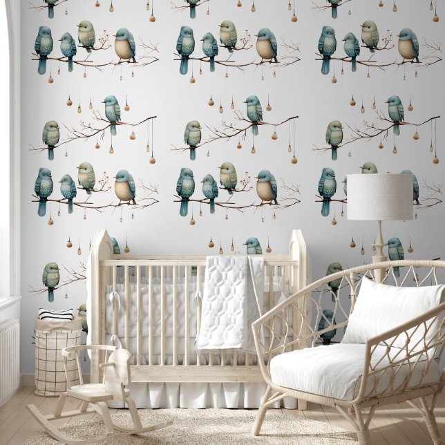 Whimsical Birds on Branches Vintage Style Wallpaper (Kids)