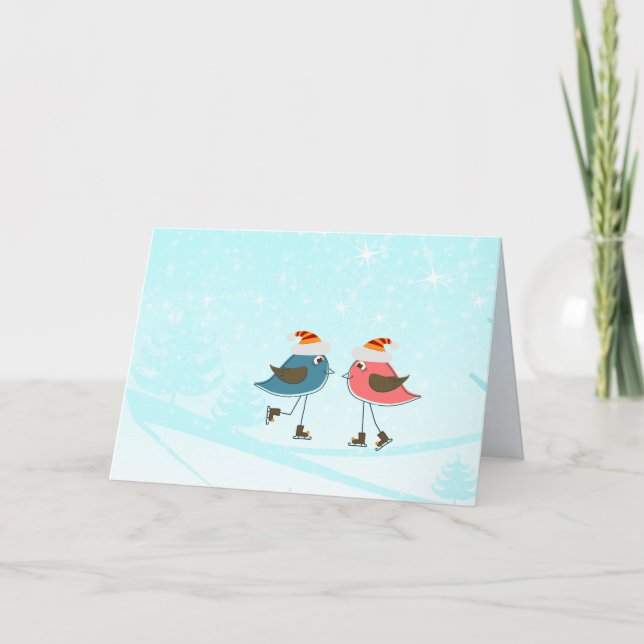 Whimsical Birds Skating Santa Hat Christmas Xmas Holiday Card (Front)