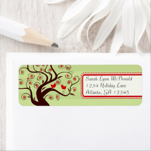 Whimsical Birds Tree Green Stripe Red Pink Trim Return Address Label