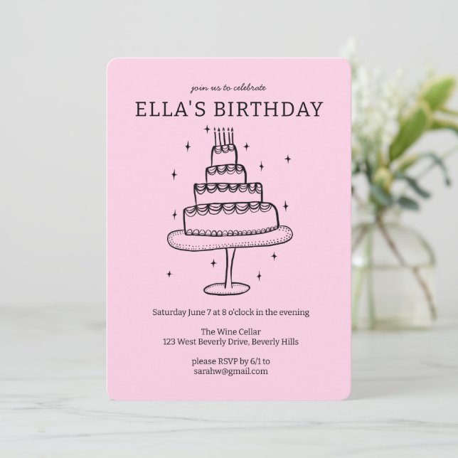 Whimsical Birthday Cake Doodle Cute Custom  Party Invitation (Standing Front)