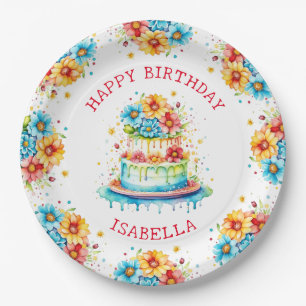 Whimsical Birthday Cake Illustration Personalised Paper Plate