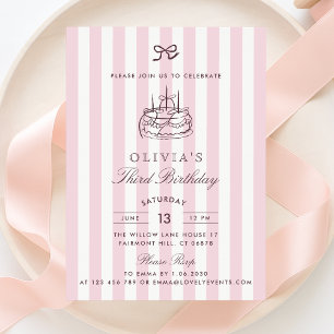 Whimsical, birthday cake, Pink Bow & Stripes  Invitation