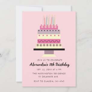 Whimsical Birthday Cake Retro Girly Pink Invitation