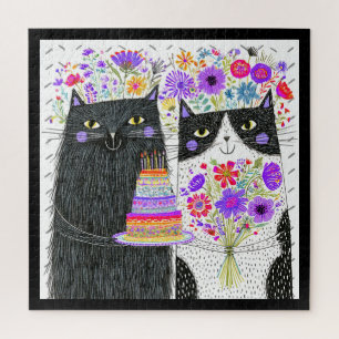 Whimsical Birthday Cats Floral Bouquet Jigsaw Puzzle