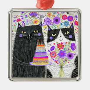 Whimsical Birthday Cats Floral Bouquet Metal Ornament