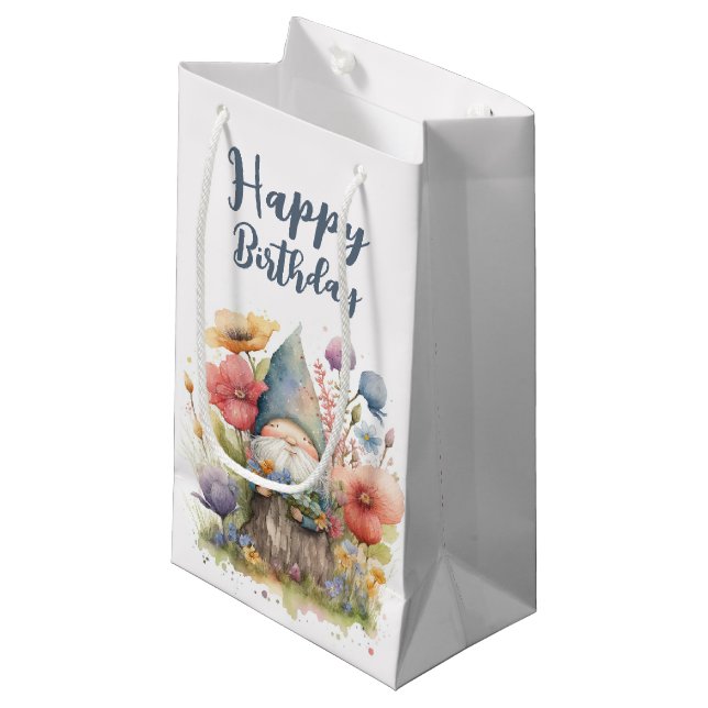 Whimsical Birthday Gnome In Garden Small Gift Bag (Front Angled)