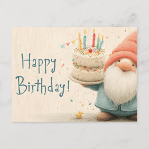 Whimsical Birthday Greeting: Gnome Holding a Cake Postcard