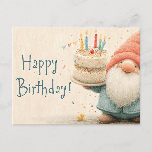 Whimsical Birthday Greeting: Gnome Holding a Cake Postcard (Front)