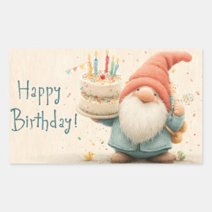 Whimsical Birthday Greeting: Gnome Holding a Cake Rectangular Sticker