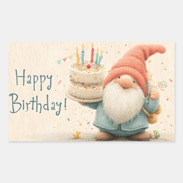 Whimsical Birthday Greeting: Gnome Holding a Cake Rectangular Sticker (Front)