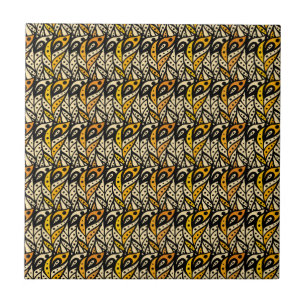 Whimsical black and gold peacock feather pattern ceramic tile