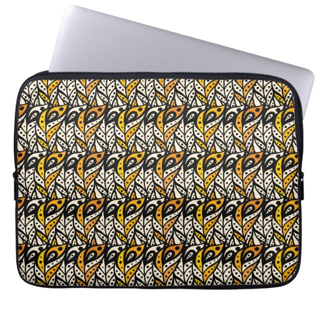Whimsical black and gold peacock feather pattern laptop sleeve (Front)