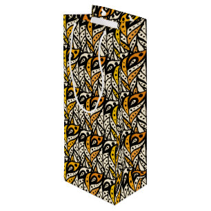 Whimsical black and gold peacock feather pattern wine gift bag