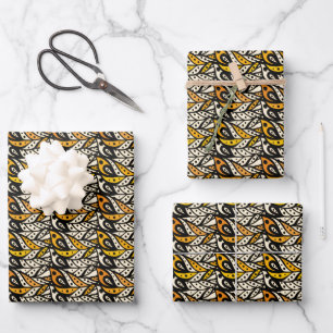 Whimsical black and gold peacock feather pattern wrapping paper sheet