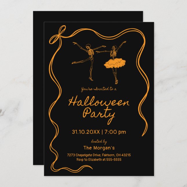 Whimsical Black and Orange Hand Drawn Halloween  Invitation (Front/Back)
