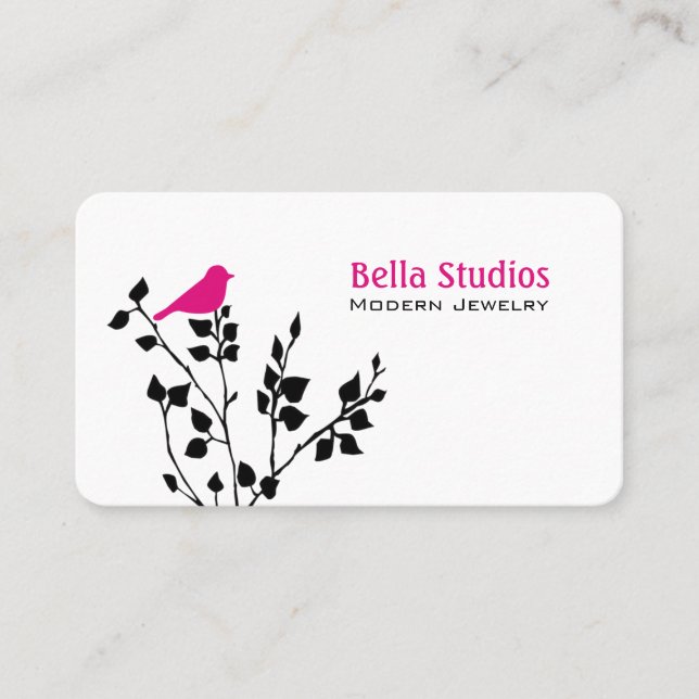 Whimsical Black and Pink Bird Business Card (Front)