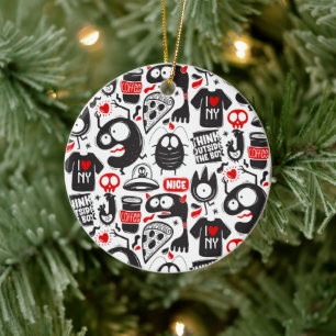 Whimsical Black and Red Monster Doodles Ceramic Ornament
