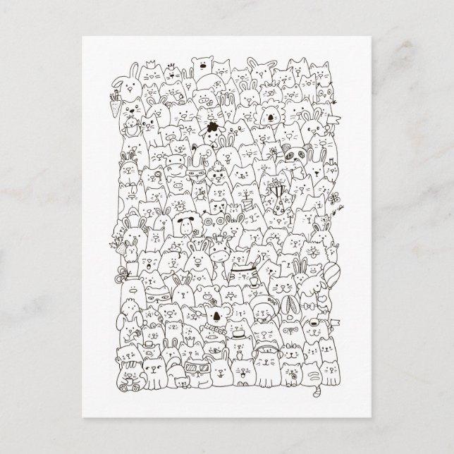 Whimsical Black and White "Cats and Co" Doodle Holiday Postcard (Front)