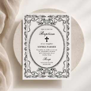 Whimsical Black and White Coquette Frame Baptism Invitation