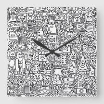  "Whimsical Black and White Doodle Clock