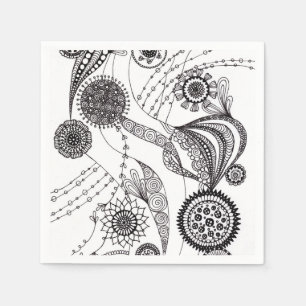 Whimsical Black and White Floral Mandala Zentangle Napkin